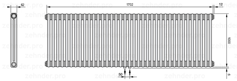 Схема (чертеж) Радиатор Zehnder Charleston 2100/37 №5410 Белый глянцевый RAL 9016
